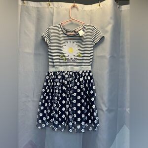 Little Lass Navy and White Striped Dress with Floral Skirt